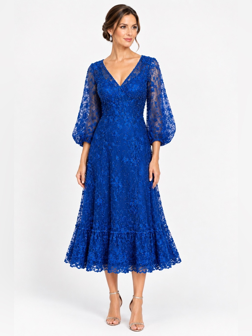 Mac Duggal Cobalt Blue Lace V-Neck Midi Dress with Sheer Bishop Sleeves